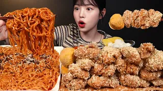 SUB)Crispy Garlic Chicken with Buldak Noodles Mukbang! Cheese balls too! ASMR