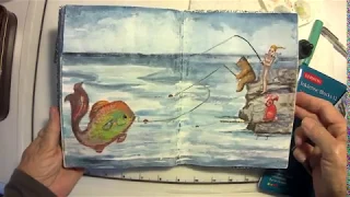 Page 12 Art Journal "Big Fish Tale" demo using Derwent Inktense Blocks