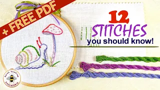 12 hand embroidery stitches all beginners should know. Free design to practice on!