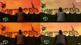GTA San Andreas - PS2 vs XBOX vs PC vs PS4 - Vinewood - quad view time lapse graphics comparison