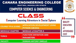 VTU ADP (18CS55) Application Development using Python: Function Definition and Parameters (M1 L7)