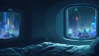 Rainy Night In Cozy Cyberpunk Bedroom | Rain on Window Sounds