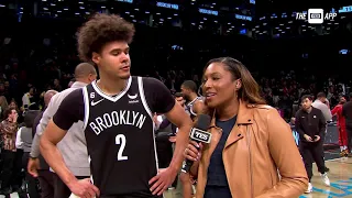 Cam Johnson joins Meghan Triplett after the Nets' win against Houston