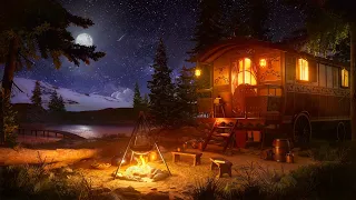 Rustic Caravan Ambience Part II - Campfire by the Lake with Nature Sounds at Night for Relaxation