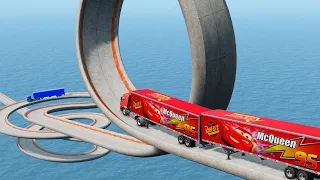 Mack Truck Vs King Dinoco Truck Vs Impossible Loop Spiral Bridge Deep Water Crossover - BeamNG.Drive