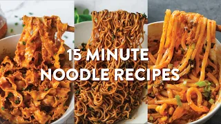 3 tasty vegan noodle recipes ready in 15 minutes or less! | spicy peanut, basil garlic, kimchi 🥢