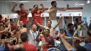 Amazing dressing room scenes! Red Star celebrate with brass band after Champions League win