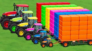 SMALL TO GIANT NEW HOLLAND & FIAT TRACTORS TRANSPORTING COLORED HAY BALES with FLADBED TRAILER! FS22