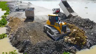 Incredible Experience Operator Skills Bulldozer, Dump Truck Moving Stone  Building Road on Huge Lake