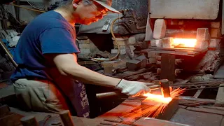 Process of making Japanese knives. A Japanese knife maker recognized in the world