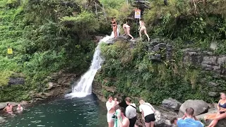 3 beautiful girls jumped into the waterfall. So beautiful