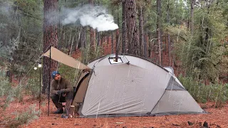 Solo Camping in the RAIN - Hot Tent Shelter [ ASMR ]