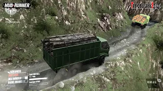 2 mod hino dutro muat kayu melewati jalur ekstreme berbatu - spintires mudrunner