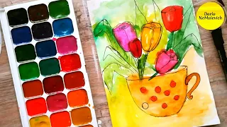 Как нарисовать ТЮЛЬПАНЫ | Открытка на 8 марта | Простой урок рисования цветов для начинающих