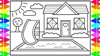 How to Draw a Cute House with a Pool for Kids 💜💙💚Cute House with a Pool Drawing and Coloring Page