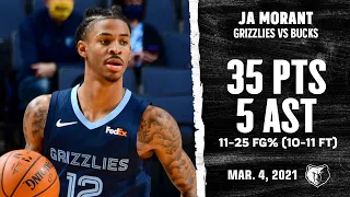 Ja Morant Posts 2nd Consecutive 35pt Game vs Bucks Highlights | NBA Season 2020-21