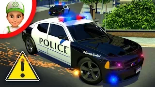 Cartoon with police, bandits and supercars. Challenge for Heroes