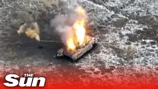 Ukrainian Kamikaze drones crash into Russian tanks sending them up in flames