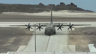 Royal Air Force Hercules C130J landing on at St Helena Airport Table Top Runway.