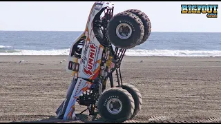 CRAZY Stop Wheelie on the beach - BIGFOOT® #15 and Dan Runte - BIGFOOT 4x4, Inc.