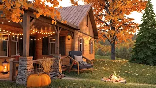 Autumn Cozy Cabin Porch in Forest Ambience with Falling Leaves, Campfire and Relaxing Fall Sounds