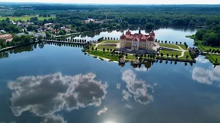 Fairy tale Moritzburg castle in Germany from drone