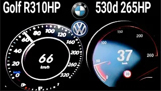 BMW 530 d 265 hp VS VW Golf R 310 hp  DragRace sound 0-250 km/h