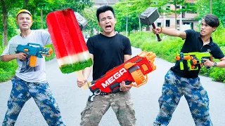 Battle Nerf War: Miner & Blue Police Skills Nerf Guns Robbers Group COCONUT ICE CREAM BATTLE