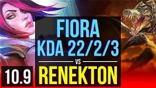 FIORA vs RENEKTON (TOP) | 3 early solo kills, KDA 22/2/3, 10 solo kills | EUW Grandmaster | v10.9