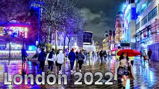 London 4k HDR - Walking Downtown | Midweek Gentle Rain Night Stroll | London Walk - Feb 2022