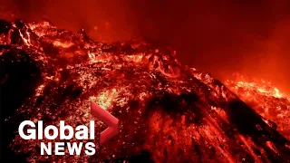 La Palma volcano: Stunning explosions of red-hot lava after crater collapses