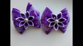 Нарядные бантики из лент с цветком Канзаши МК/ Elegant ribbon bows with flower Kanzashi MK