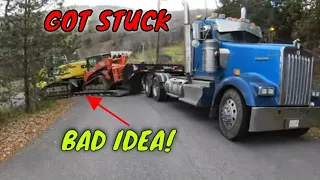 Lowboy gets stuck in the middle of road Mountain Climb Towing Heavy Equipment