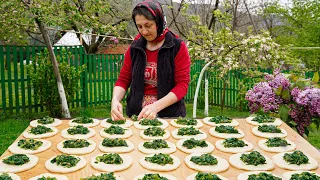 Fried Spinach Piroshki in the Village with fresh herbs - Oriental pastries