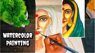 Beautiful Indian Married Women Half Face portrait drawing and painting/ Watercolor Painting