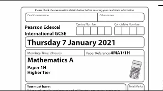 Pearson Edexcel IGCSE Mathematics Solution Thursday 7th January 2021 1H Part 2 of 4