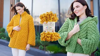 Women's Herringbone Stitch Cardigan with Alize Puffy - "No Needles, No Hooks!"