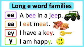 Long E word families 🤔 | -ee, -ea, -ey, -y ✅ | Learn how to read with pictures & examples