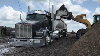 Hauling garden soil mix, END DUMP trucking | kenworth with straight pipes