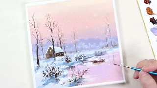 Snowy house landscape / Acrylic painting for beginners / PaintingTutorial