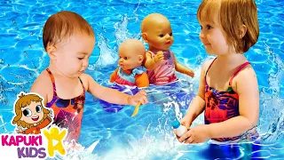 Kids play baby dolls! Bianca & mermaid at the swimming pool. Family fun video. Summer safety rules