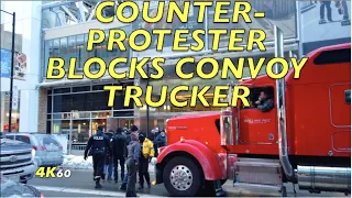 Toronto "Man vs Truck" Walk - A Counter Protester Tries To Stop A Big Rig From Driving Down Yonge St