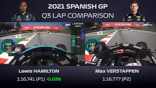 SPAIN 2021 - Hamilton vs Verstappen Q3 Lap Onboard Comparison With Live Gap & Telemetry