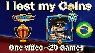 8 ball pool Full 20 Games 💔 Challenge all in Coins I lost Vs Brazil 40M