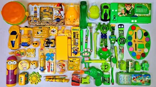 green vs yellow toy collection - pencil sharpner, slime, electric eraser, gel pen, rc car, watch etc