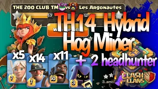 TH14 Hybrid Hog Miner Attack Strategy ||  queen charge with 2 headhunter || clash of clans
