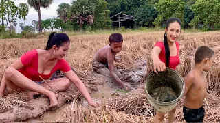 Catching Fishes In The Rice Field And Cooking Village Soup| Catch Clean Cook|