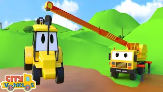 Construction Vehicles — crane truck rescues a tractor; excavator, bulldozer & tractor build a canal.