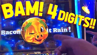 CRAZY WINS for VegasLowRoller on New Game Rakin' Bacon Odyssey Slot Machine!!