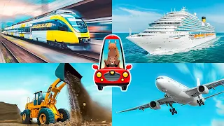 Trains, planes, ships and construction equipment for kids. Educational videos for children